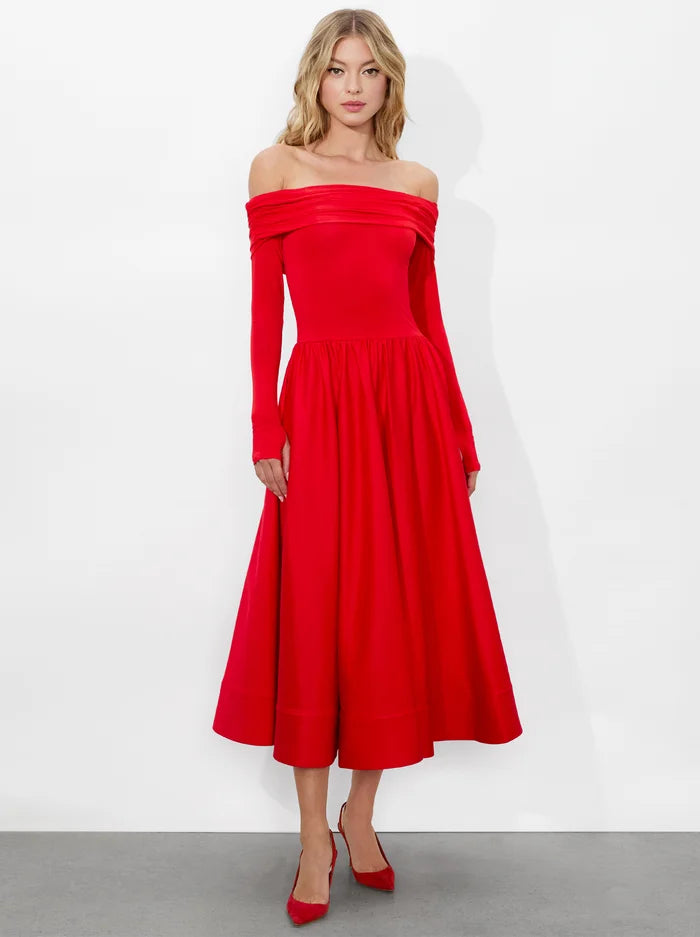 Chara Flared Midi Dress Bright Ruby - Alice + Olivia