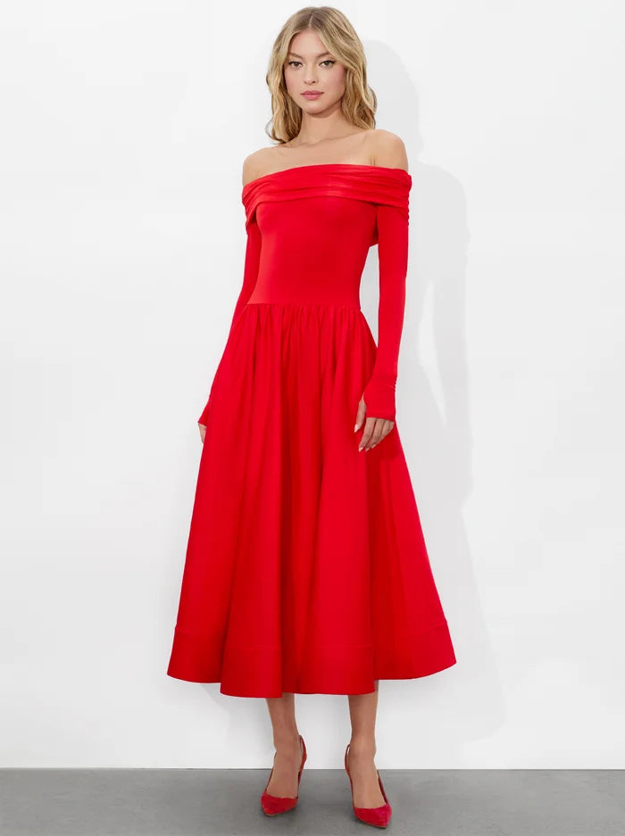 Chara Flared Midi Dress Bright Ruby - Alice + Olivia