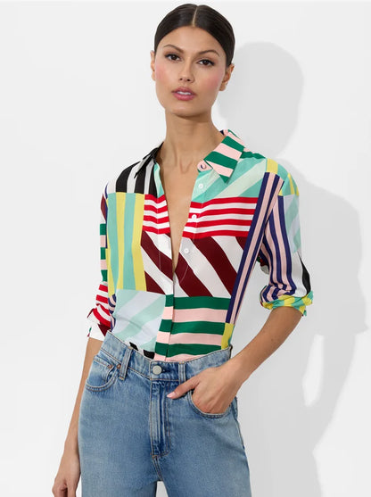 Willa Placket Top Sorbet Stripe - Alice + Olivia