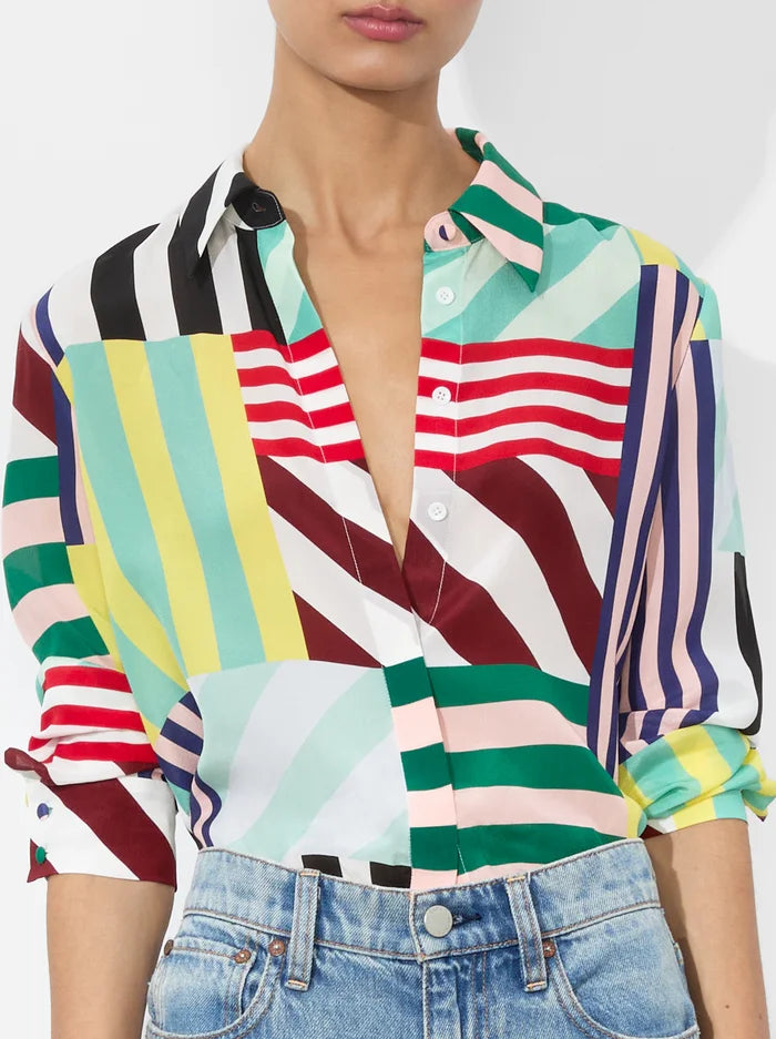 Willa Placket Top Sorbet Stripe - Alice + Olivia