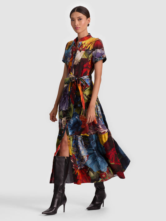 Lucy Midi Shirt Dress Flourish Lg - Alice + Olivia