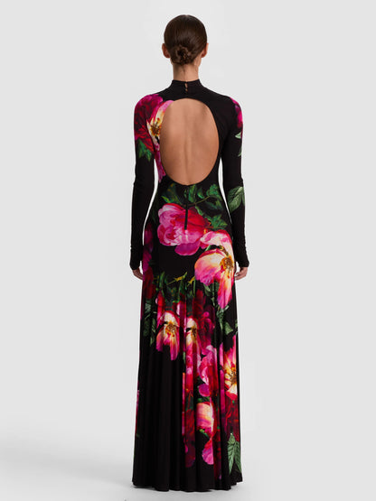 Augusta Open Back Maxi Dress Empress Bloom Black - Alice + Olivia
