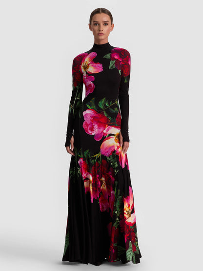 Augusta Open Back Maxi Dress Empress Bloom Black - Alice + Olivia