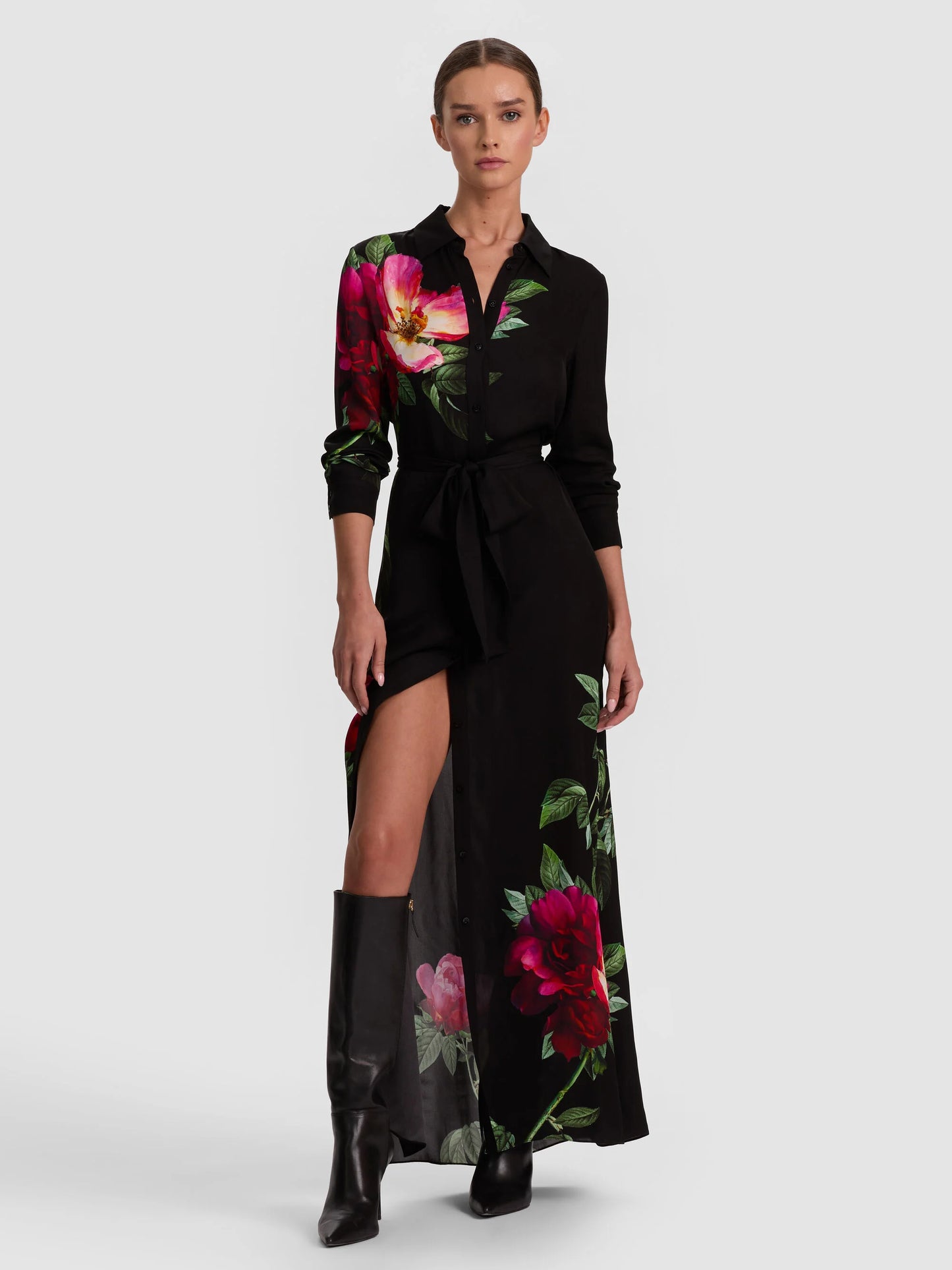 Chassidy Maxi Shirt Dress Empress Bloom Black - Alice + Olivia