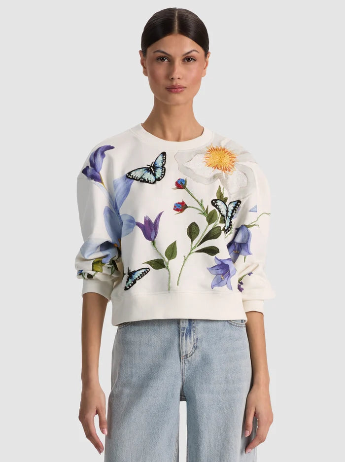 Russell Embellished Crewneck Sweatshirt Twisting Vines Off White - Alice + Olivia