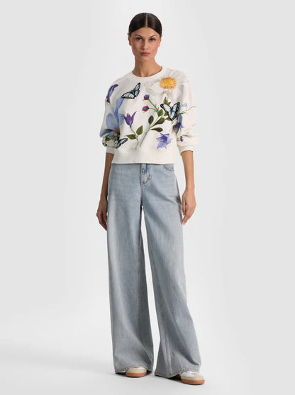 Russell Embellished Crewneck Sweatshirt Twisting Vines Off White - Alice + Olivia