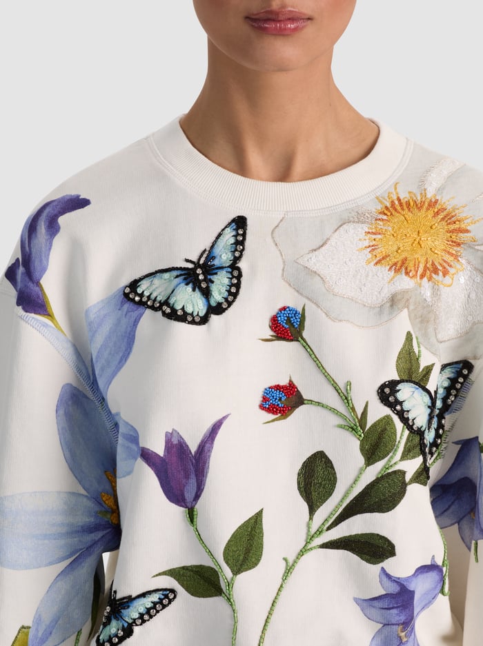 Russell Embellished Crewneck Sweatshirt Twisting Vines Off White - Alice + Olivia