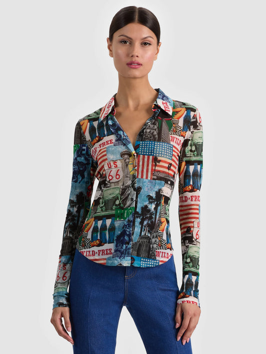 Jade Mesh Button Down Open Road - Alice + Olivia