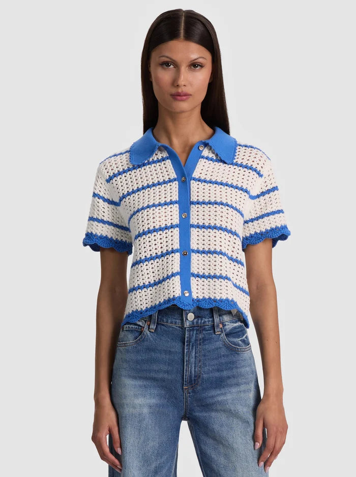 Randall Pointelle Polo Cardigan Blue Iris/White - Alice + Olivia