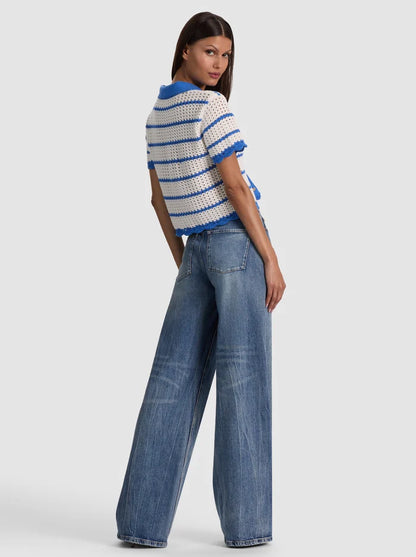 Randall Pointelle Polo Cardigan Blue Iris/White - Alice + Olivia