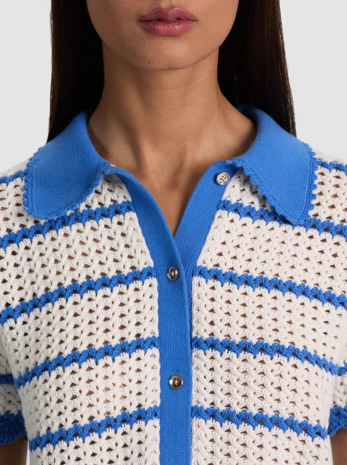 Randall Pointelle Polo Cardigan Blue Iris/White - Alice + Olivia