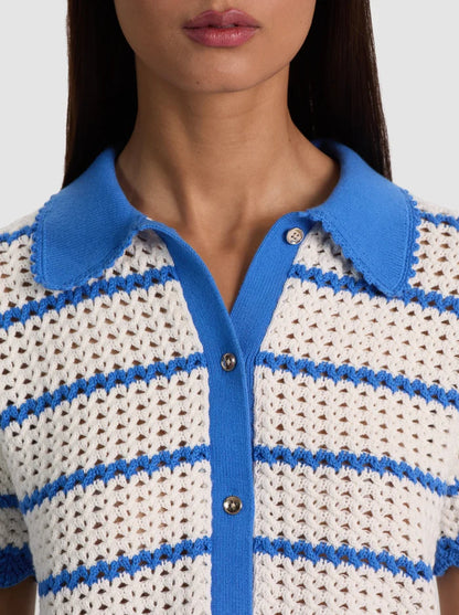 Randall Pointelle Polo Cardigan Blue Iris/White - Alice + Olivia