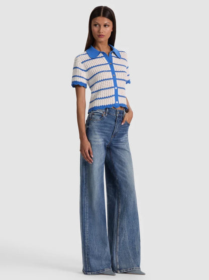 Randall Pointelle Polo Cardigan Blue Iris/White - Alice + Olivia