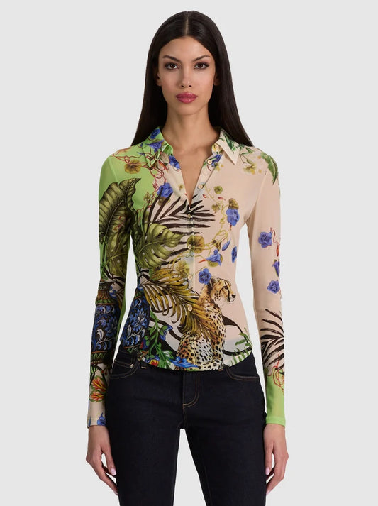 Jade Mesh Button Down Riviera Citrus - Alice + Olivia