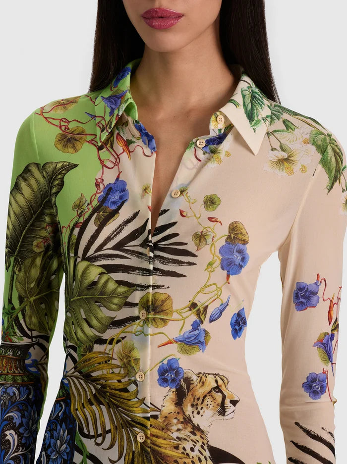 Jade Mesh Button Down Riviera Citrus - Alice + Olivia