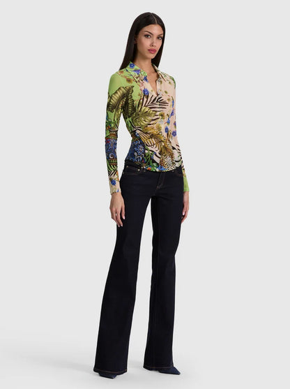Jade Mesh Button Down Riviera Citrus - Alice + Olivia