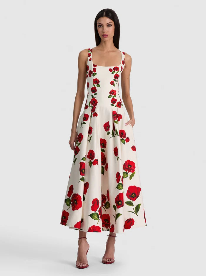 Adley Drop Waist Dress Summer Poppy - Alice + Olivia