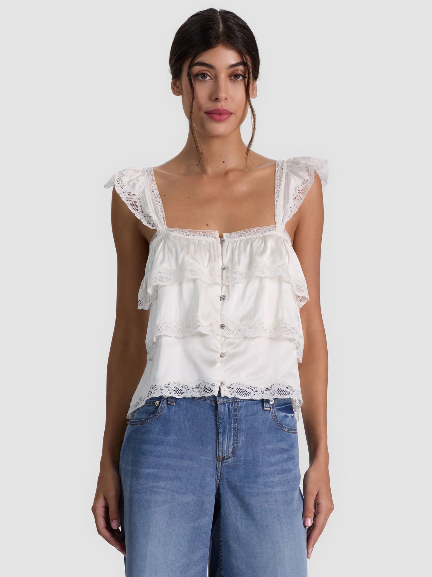 Sylvie Tiered Lace Blouse Vanilla - Alice + Olivia