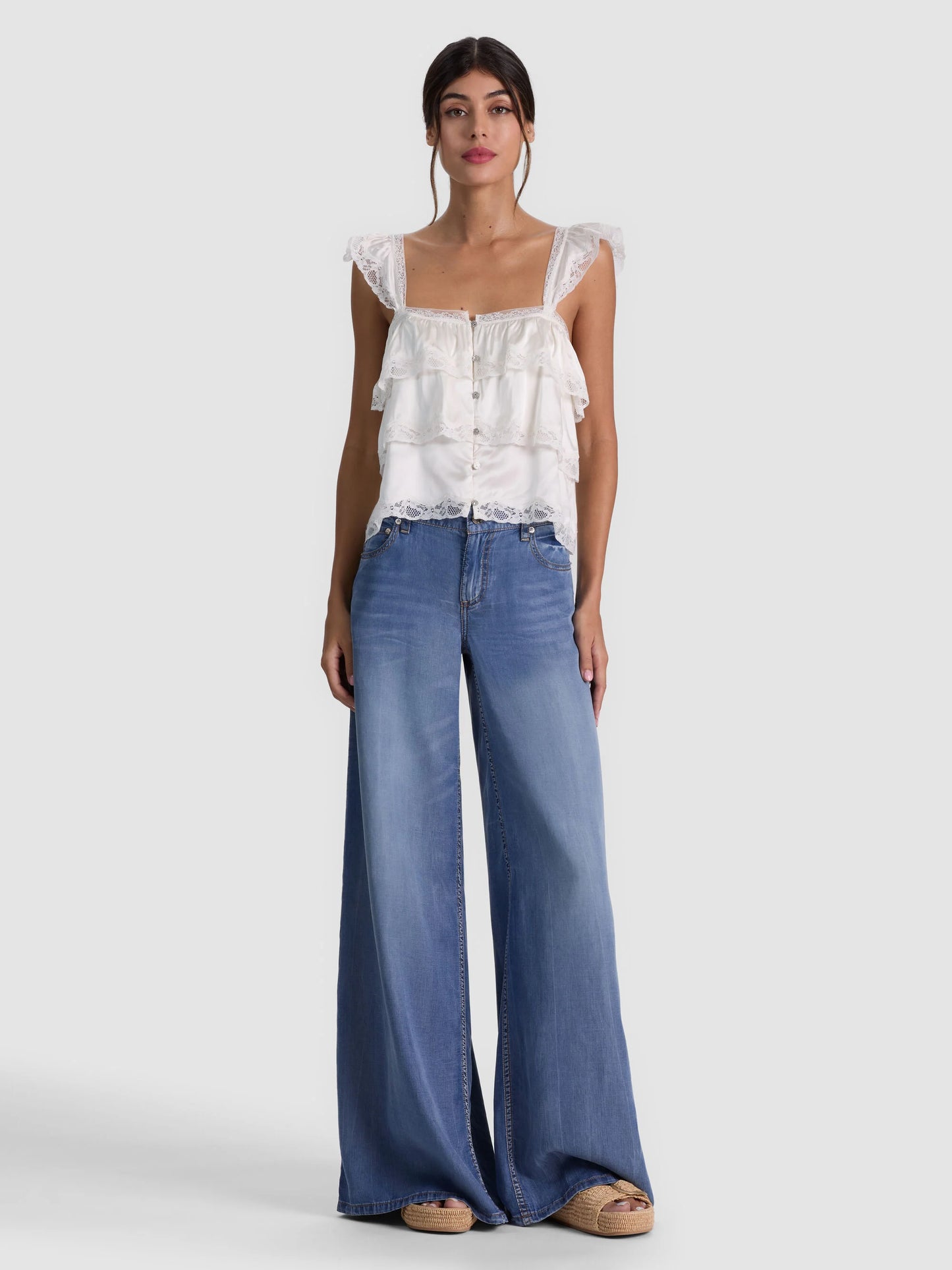 Sylvie Tiered Lace Blouse Vanilla - Alice + Olivia