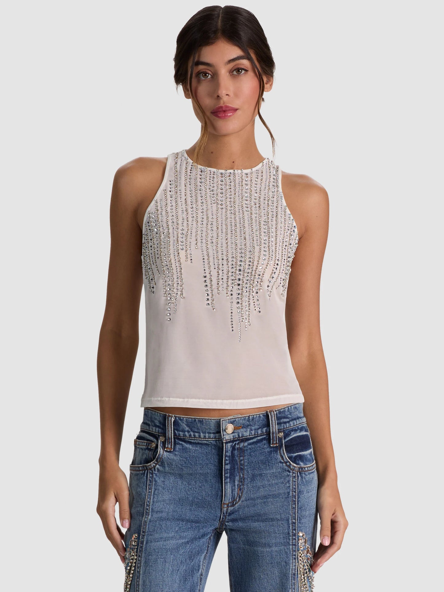 Pania Embellished Tank Off White/Clear Crystal - Alice + Olivia