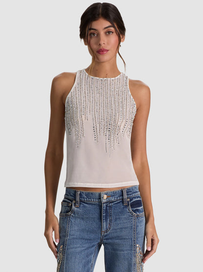Pania Embellished Tank Off White/Clear Crystal - Alice + Olivia