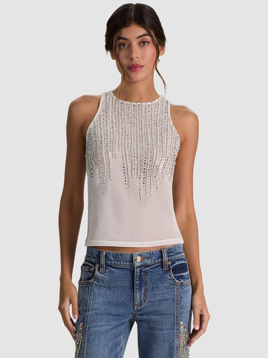 Pania Embellished Tank Off White/Clear Crystal - Alice + Olivia