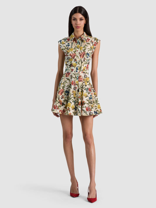 Kim Corset Shirt Dress Desert Sprigs Vanilla - Alice + Olivia
