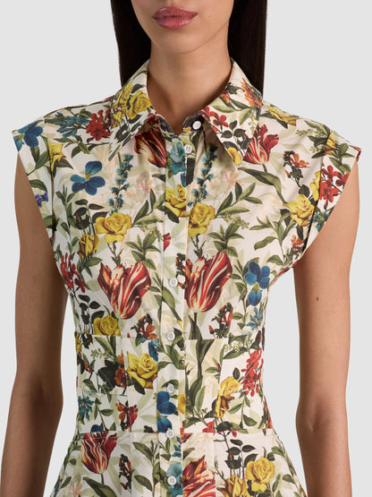 Kim Corset Shirt Dress Desert Sprigs Vanilla - Alice + Olivia