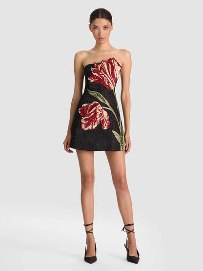Katia Embellished Mini Dress Soft Tulip Black - Alice + Olivia