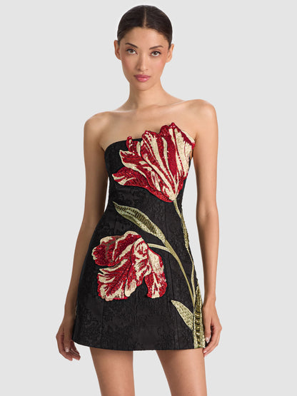 Katia Embellished Mini Dress Soft Tulip Black - Alice + Olivia