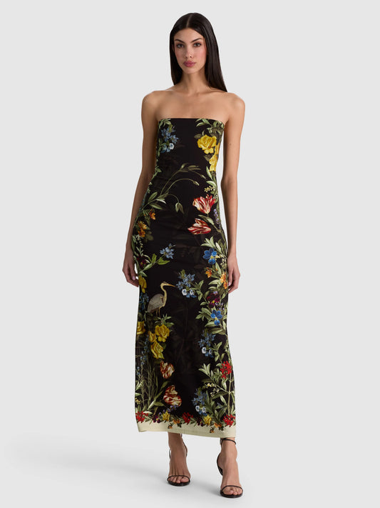 Delora Strapless Midi Dress Desert Sprigs Black - Alice + Olivia