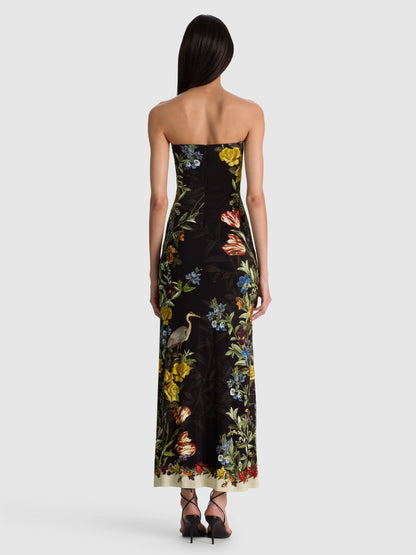 Delora Strapless Midi Dress Desert Sprigs Black - Alice + Olivia