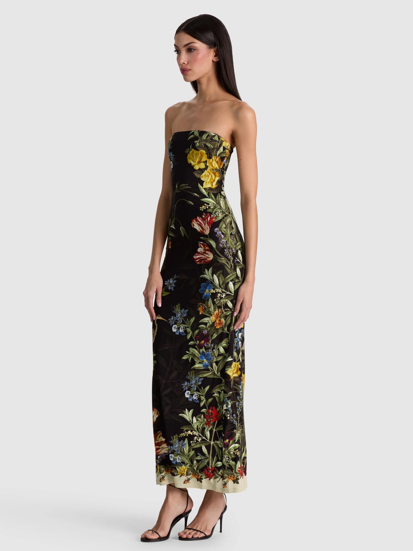Delora Strapless Midi Dress Desert Sprigs Black - Alice + Olivia