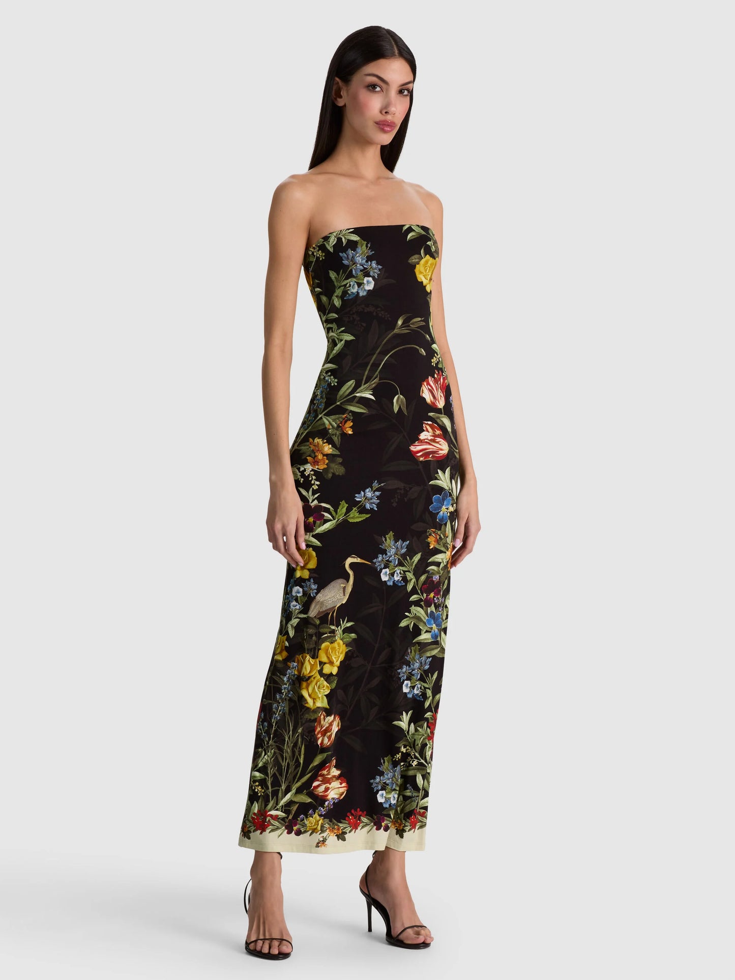 Delora Strapless Midi Dress Desert Sprigs Black - Alice + Olivia