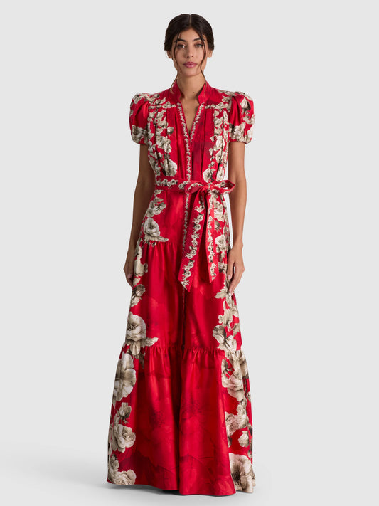 Cora Maxi Shirt Dress Rose Garden Lg Hibiscus - Alice + Olivia