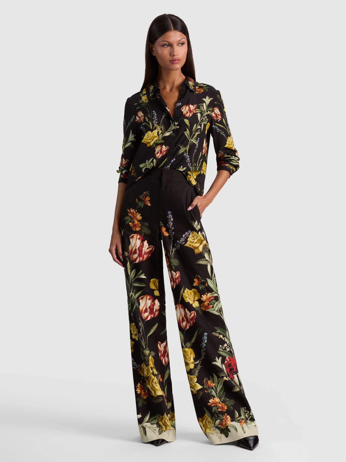 Dylan Linen Pant Desert Sprigs Black - Alice + Olivia