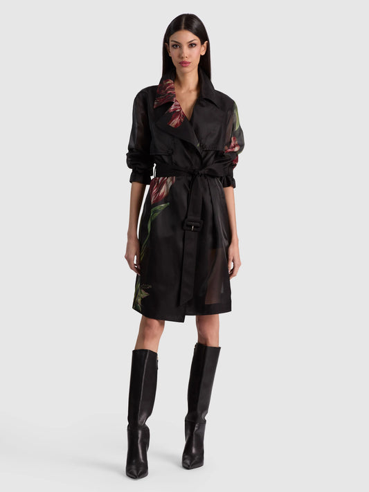 Silvia Sheer Midi Trench Soft Tulip Black - Alice + Olivia