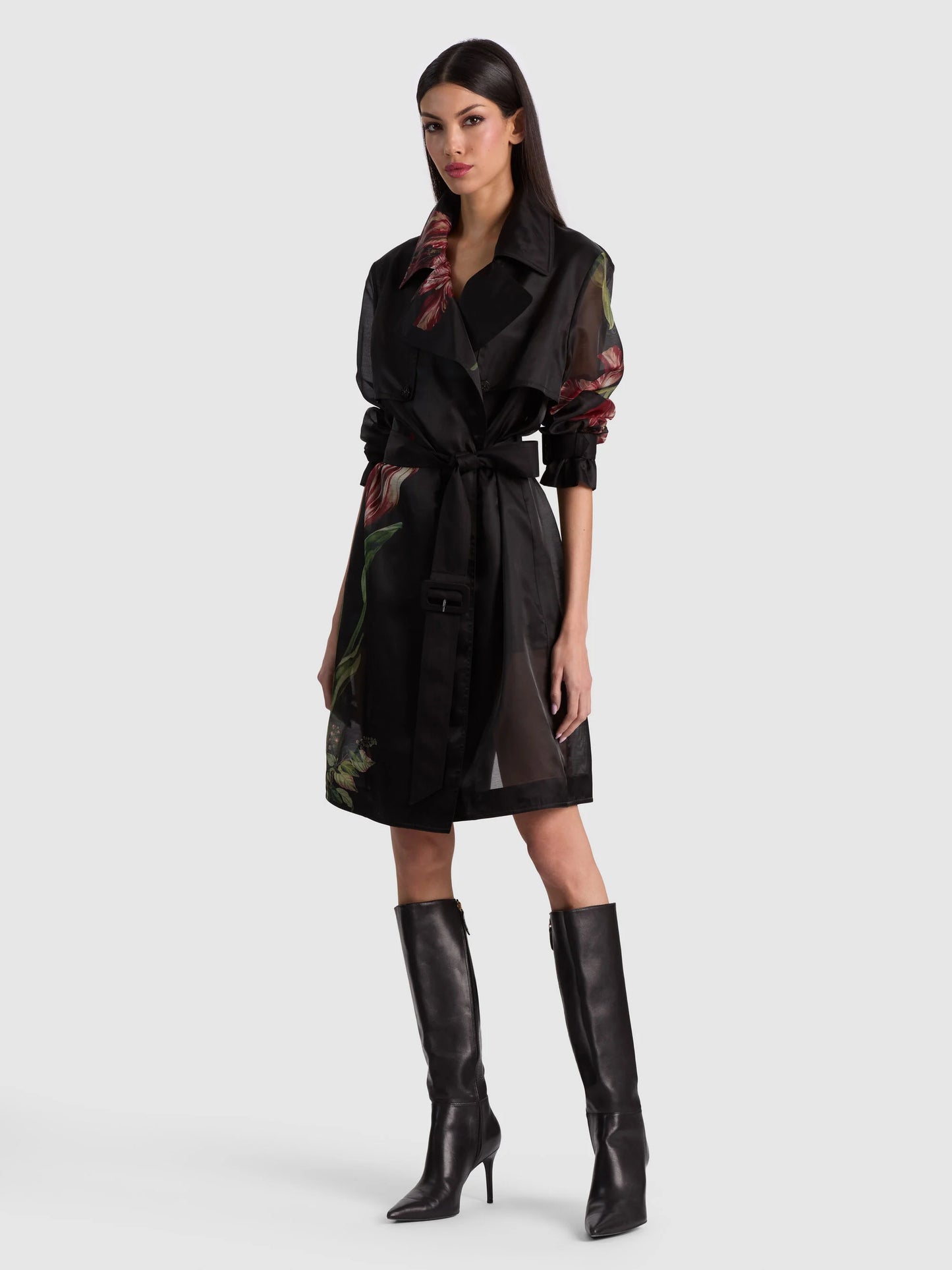 Silvia Sheer Midi Trench Soft Tulip Black - Alice + Olivia
