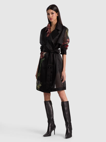 Silvia Sheer Midi Trench Soft Tulip Black - Alice + Olivia