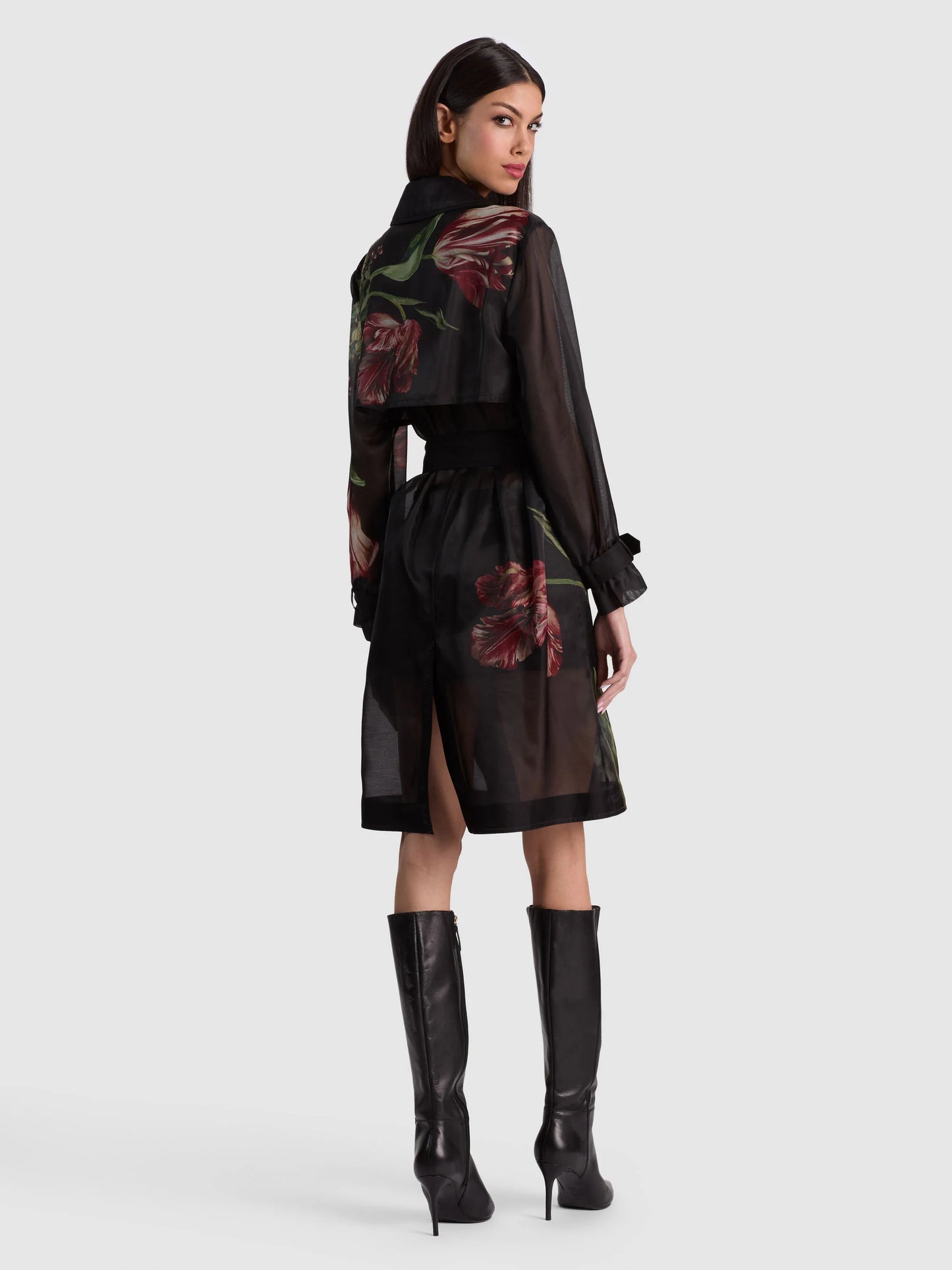 Silvia Sheer Midi Trench Soft Tulip Black - Alice + Olivia