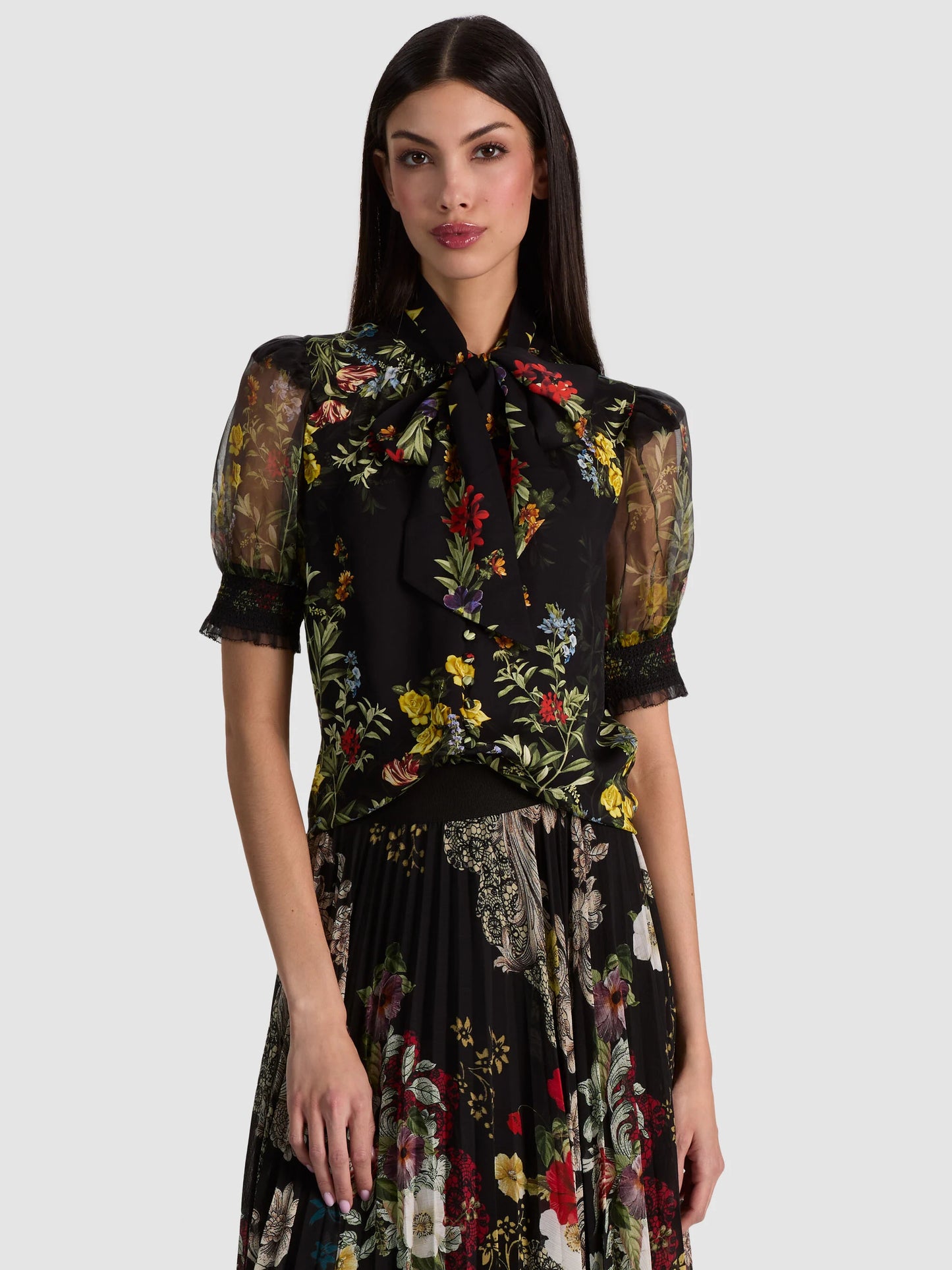 Brentley Tie Neck Puff Sleeve Blouse Desert Sprigs Black - Alice + Olivia