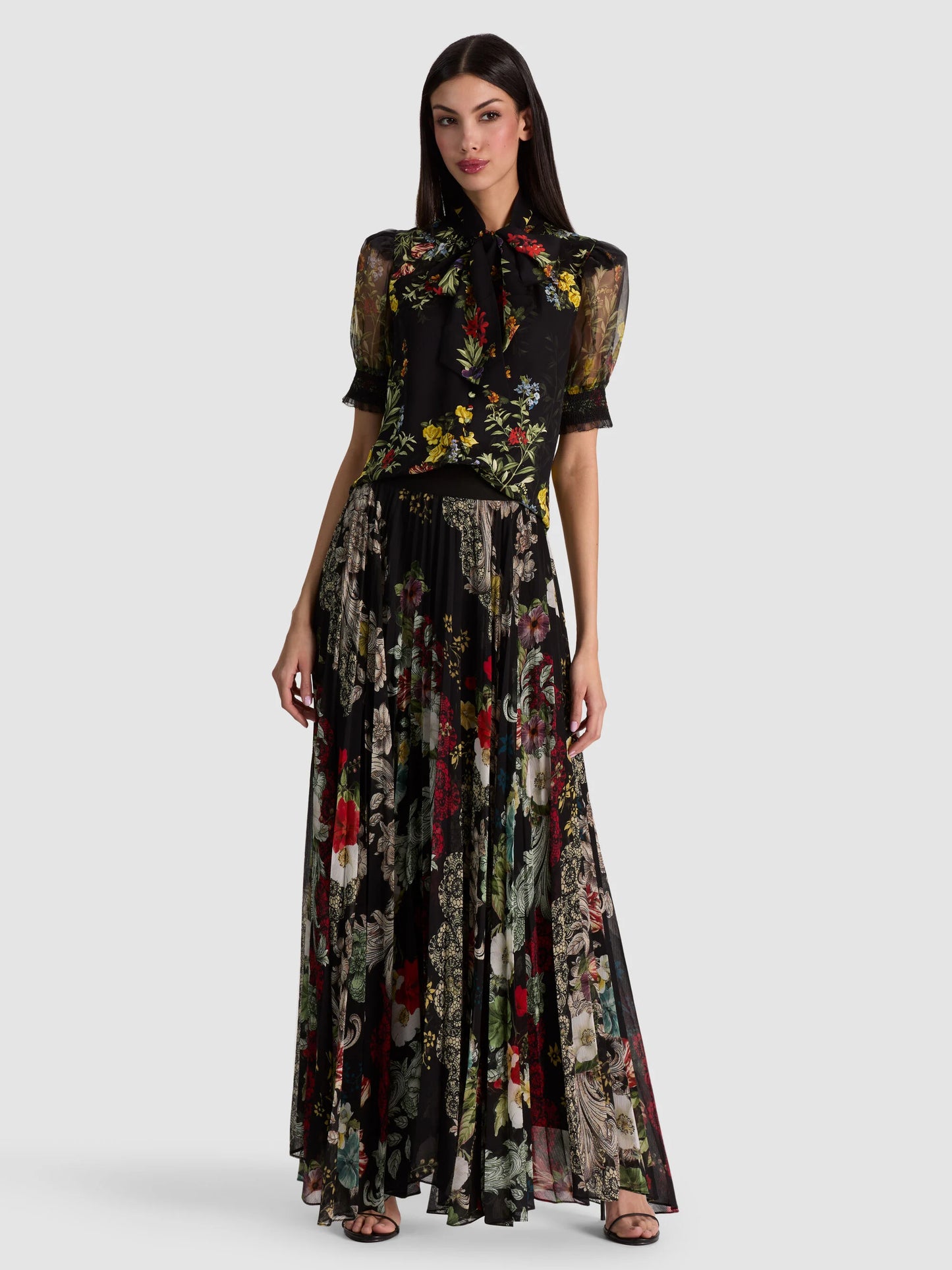 Brentley Tie Neck Puff Sleeve Blouse Desert Sprigs Black - Alice + Olivia