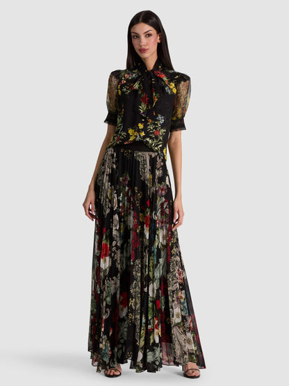 Brentley Tie Neck Puff Sleeve Blouse Desert Sprigs Black - Alice + Olivia