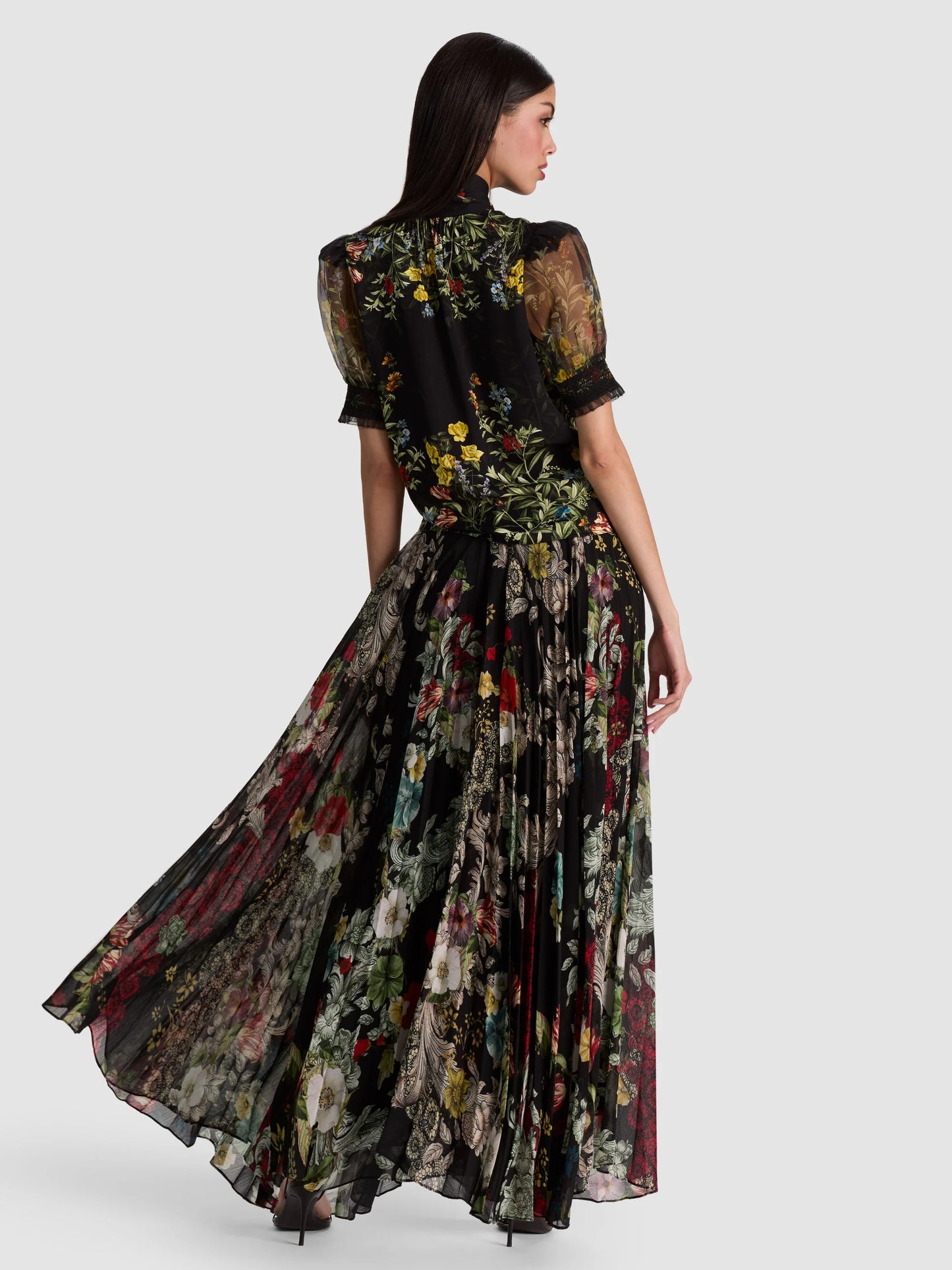 Brentley Tie Neck Puff Sleeve Blouse Desert Sprigs Black - Alice + Olivia