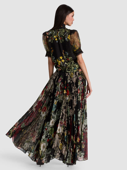 Brentley Tie Neck Puff Sleeve Blouse Desert Sprigs Black - Alice + Olivia