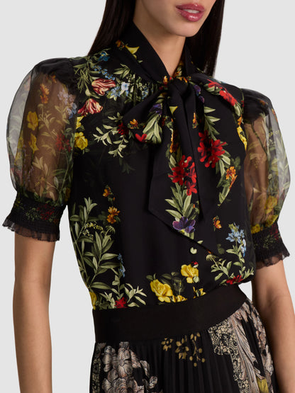 Brentley Tie Neck Puff Sleeve Blouse Desert Sprigs Black - Alice + Olivia