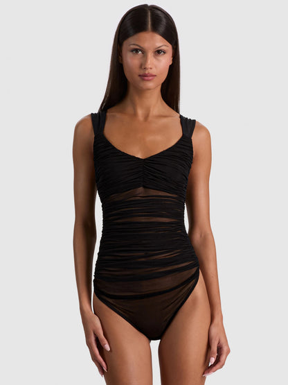 Renee Sheer Ruched Bodysuit Black - Alice + Olivia