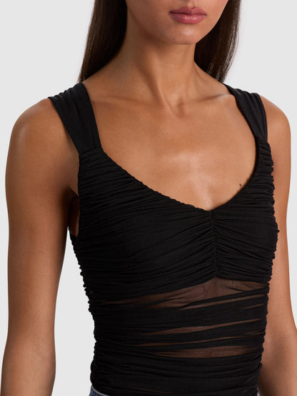 Renee Sheer Ruched Bodysuit Black - Alice + Olivia