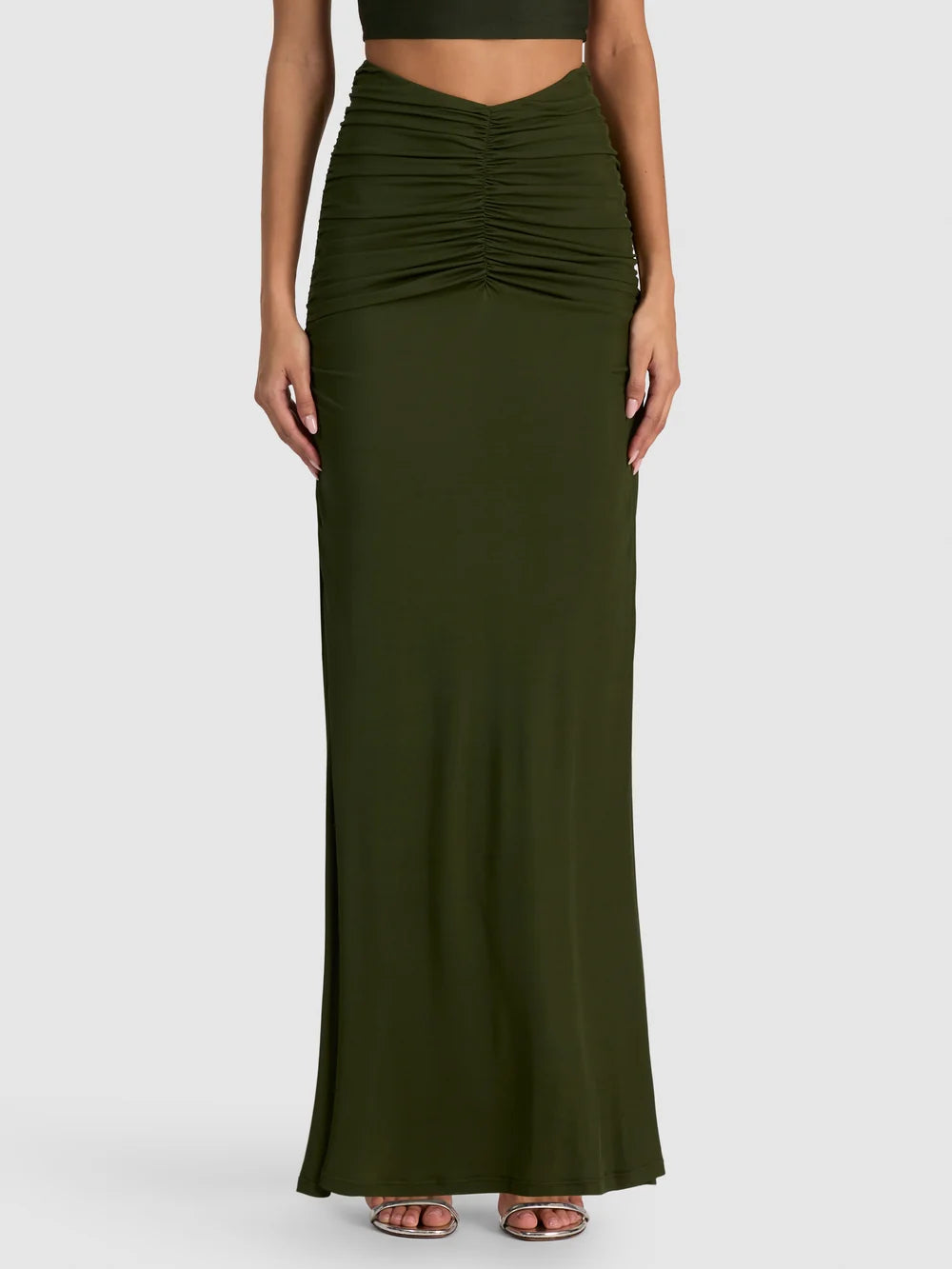 Shannon Ruched Maxi Skirt Dark Fern - Alice + Olivia