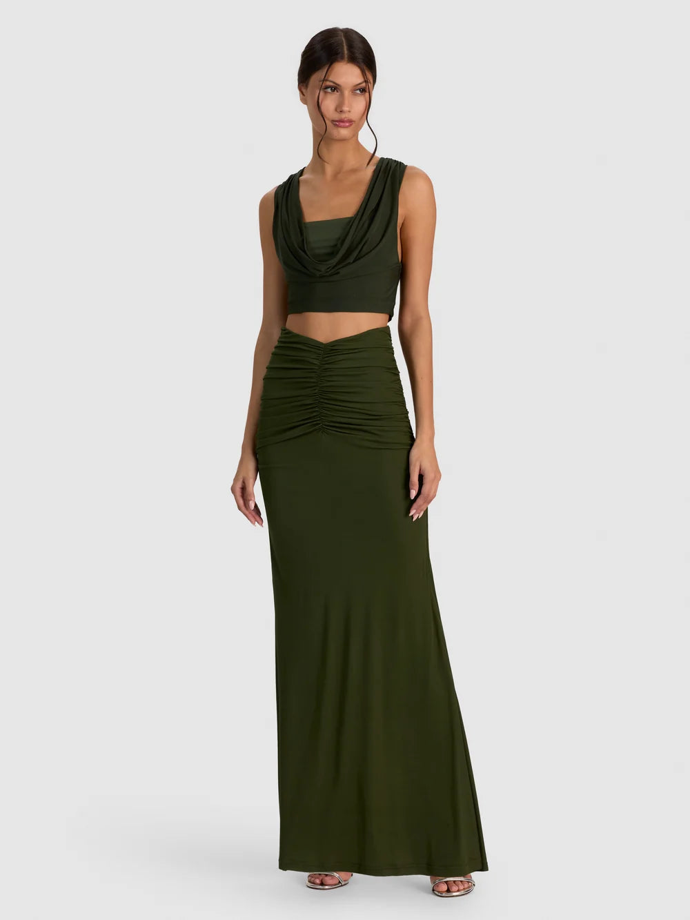 Shannon Ruched Maxi Skirt Dark Fern - Alice + Olivia